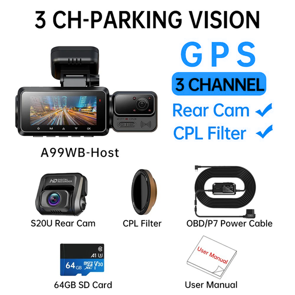 4K UHD Dash Cam For Cars 170° Wide Angle 3-Channel Recording GPS & WiFi Night Vision & Motion Detection