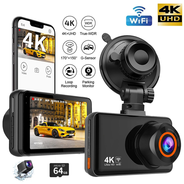 4K WiFi Dash Camera For Cars Front and Rear Dual Lens Cámara para tablero de automóvil con pantalla de 3