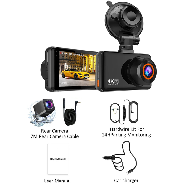 4K WiFi Dash Camera For Cars Front and Rear Dual Lens Cámara para tablero de automóvil con pantalla de 3